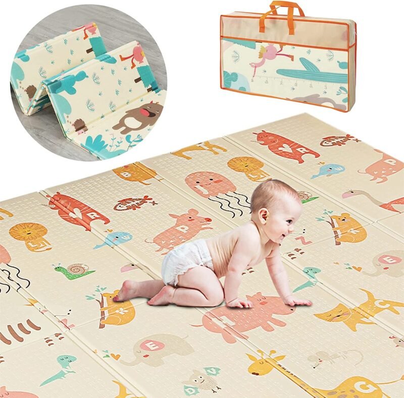 Tapis de jeu pour Bébé,Tapis d'Éveil et de jeux Pliable en Mousse Imperméable Non Toxique pour Enfant Impression Renard Ours Animaux Mignons 150x200x1cm (Animal)