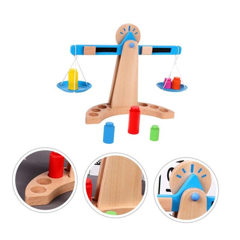 Balance éducative en bois avec 6 poids colorés