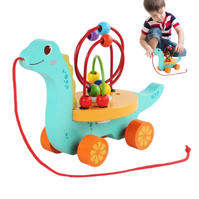 Chariot animal en bois à tirer avec labyrinthe de perles