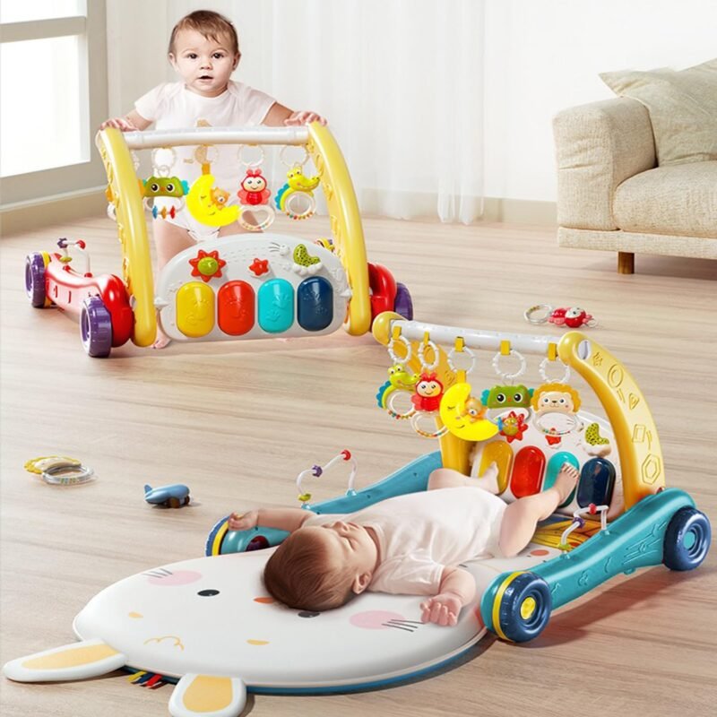 Trotteur Bébé Multifonction 2-en-1 avec Piano et Jouets d’Éveil