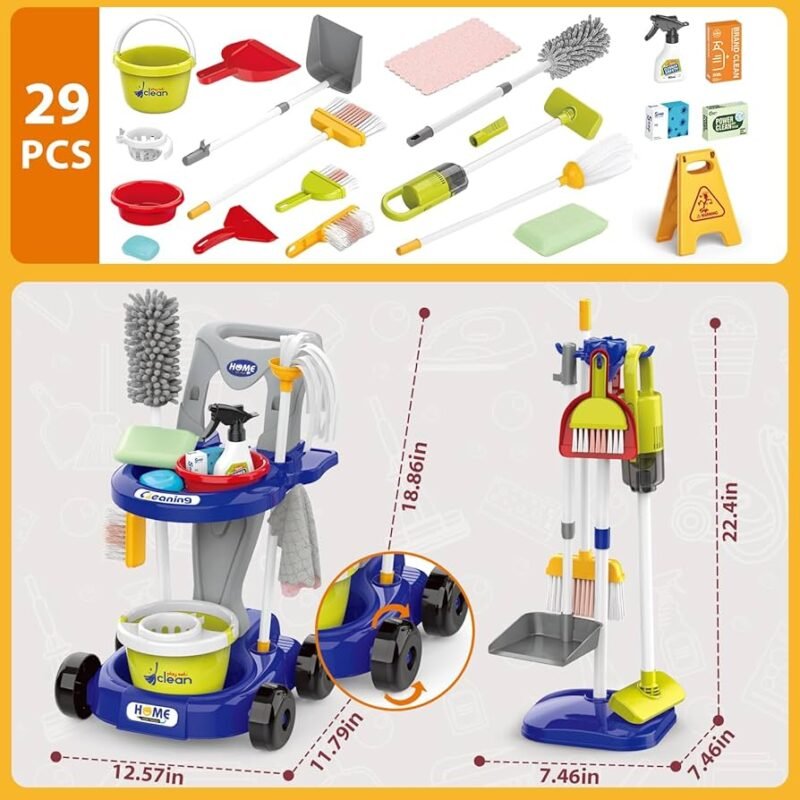 Chariot de Ménage Enfant 29 Pièces – Kit Nettoyage Complet avec Accessoires