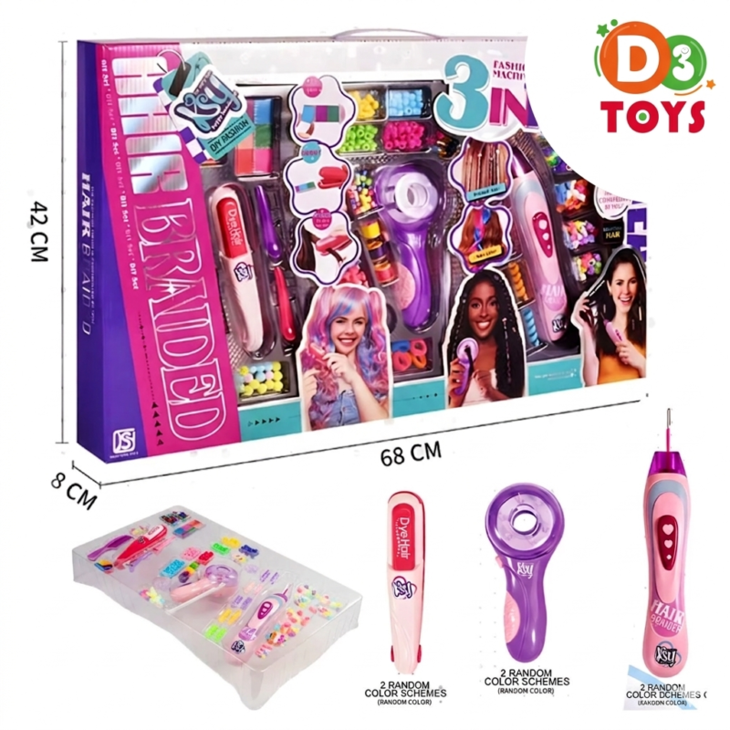 Kit Coiffure Enfant 3-en-1 – Salon de Beauté Jouet avec Tresseuse, Perles & Accessoires Coiffure