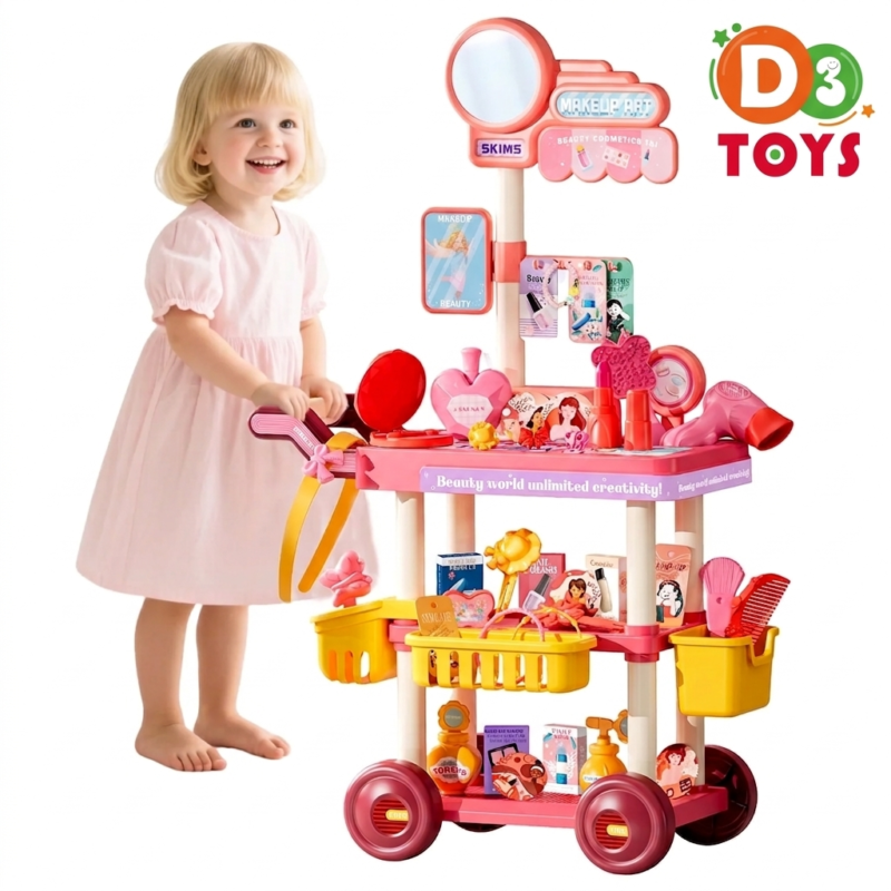 Chariot Beauté Enfant avec Accessoires – Coiffeuse Mobile Jouet avec Miroir & Kit Maquillage