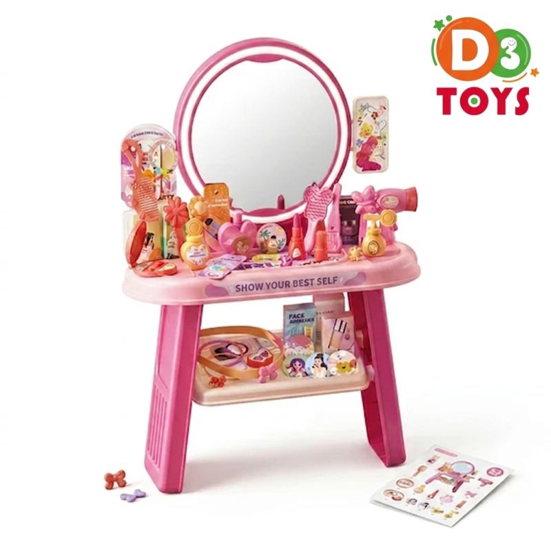Coiffeuse Enfant avec Miroir & Accessoires – Table de Maquillage Jouet Complète avec Sèche-Cheveux