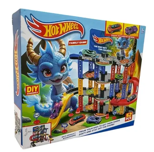 Circuit de Voitures Hot Wheels Style – Parking Multi-Étages avec Piste de Course | 52 Pièces