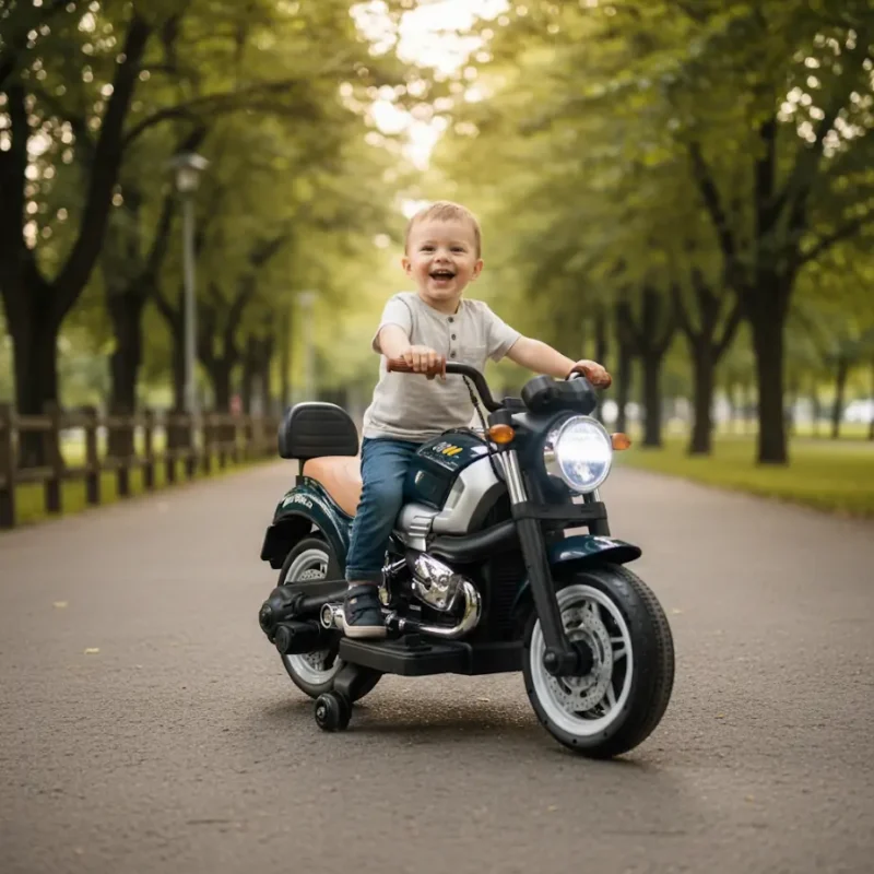 Moto Électrique Classique 12V pour Enfant – Avec Roues Stabilisatrices, Musique et LED