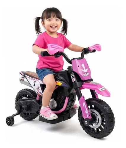 Moto Cross Électrique 12V pour Enfant – Avec Roues Stabilisatrices, LED et Musique – Rose