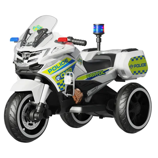Moto Électrique Police 3 Roues 12V pour Enfant – Avec Gyrophare LED, Musique et Coffres Latéraux