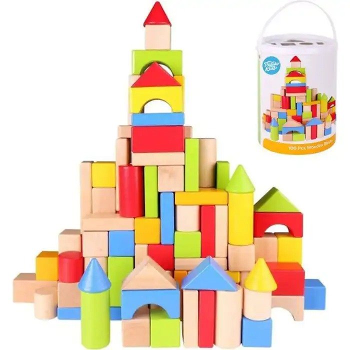 Blocs de Construction en Bois 100 Pièces – Jeu Éducatif Montessori avec Seau de Rangement