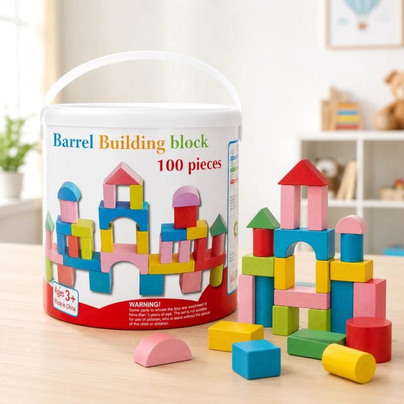 Blocs de Construction en Bois 100 Pièces – Jeu Éducatif Montessori avec Seau de Rangement