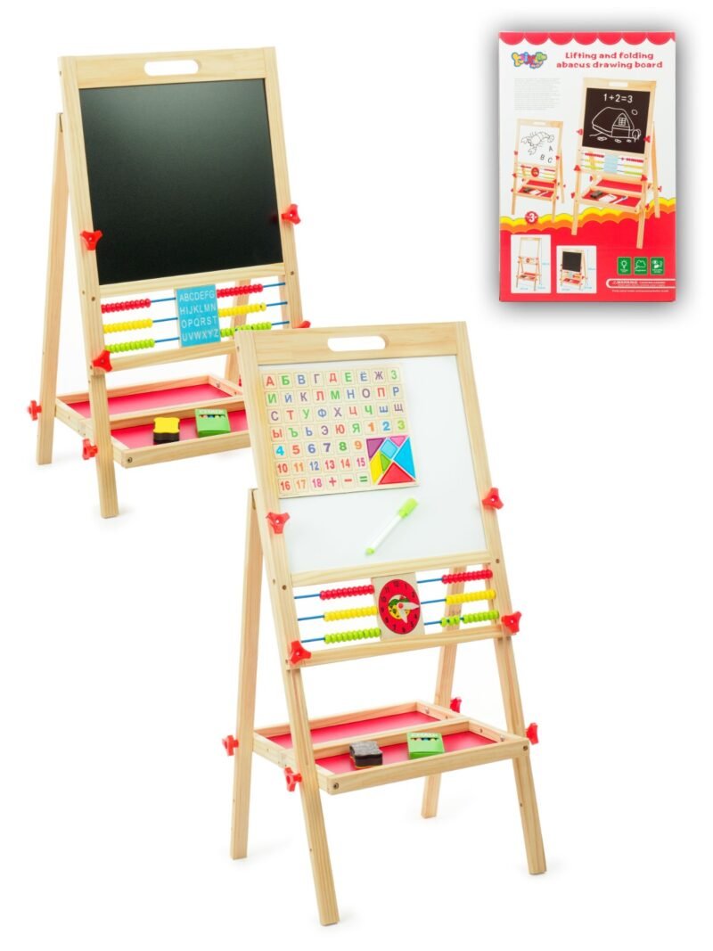 Tableau Éducatif Double Face 3 en 1 en Bois – Ardoise, Tableau Blanc et Abaque