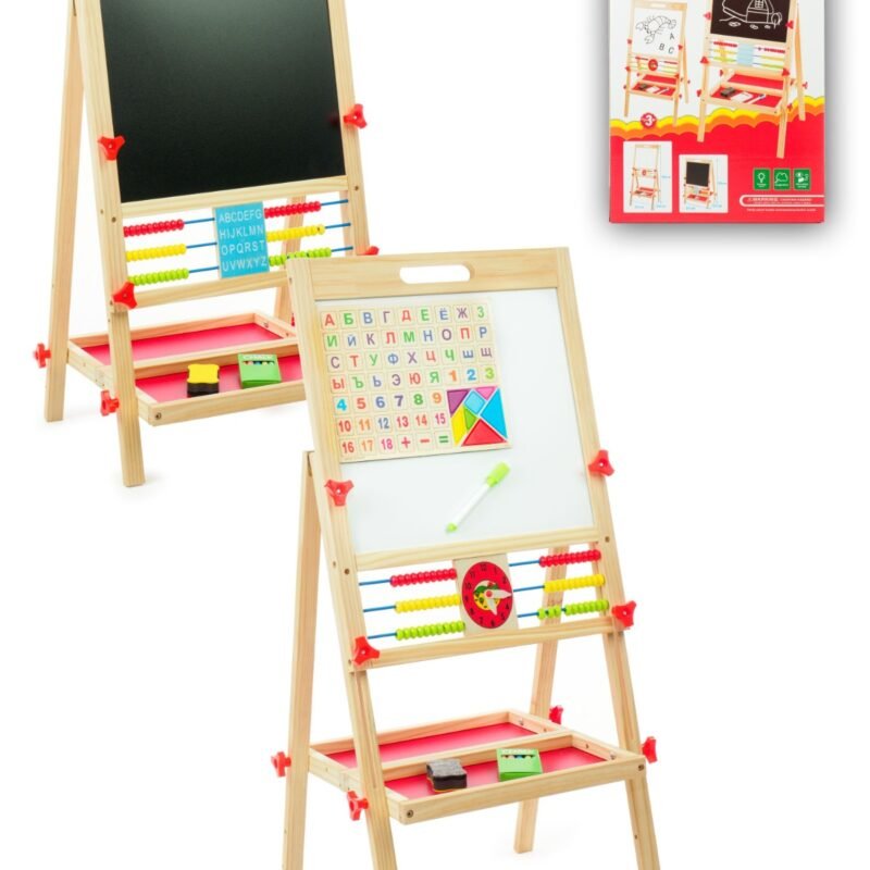 Tableau Éducatif Double Face 3 en 1 en Bois – Ardoise, Tableau Blanc et Abaque