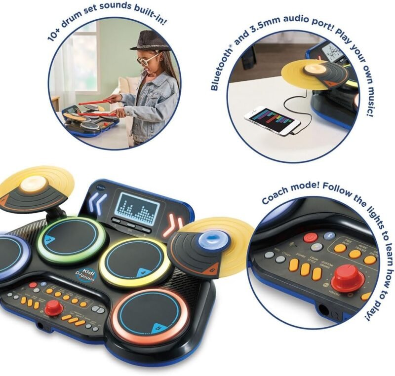 VTech Kidi DJ Drums – Batterie Électronique Interactive 10-en-1 pour Enfant avec Bluetooth
