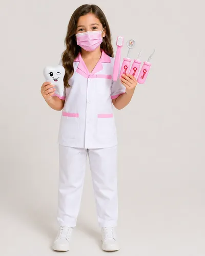Déguisement de Dentiste pour Enfant – Ensemble Uniforme Médical Blanc & Rose avec Accessoires Dentaires